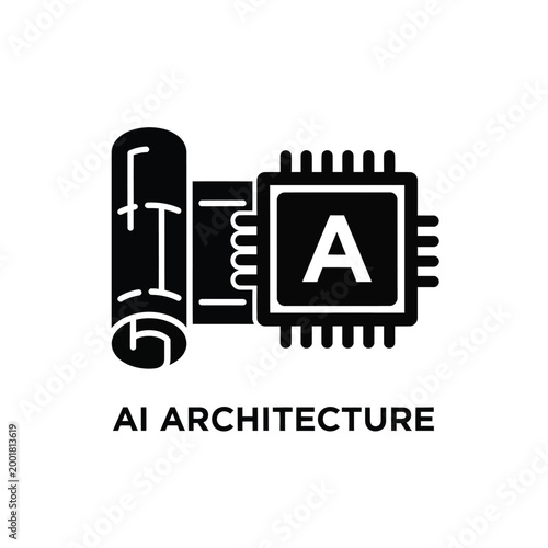 ai architecture icon with black processor and blueprint elements on white background high quality professional detailed modern elegant stylish clean