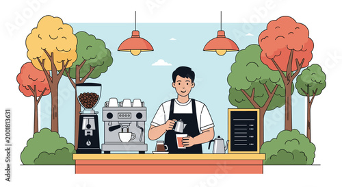 Skilled barista prepares fresh coffee at a beautiful outdoor kiosk surrounded by colorful autumn trees and professional coffee making equipment.