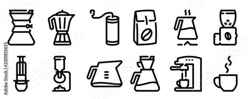 Set of coffee making equipment icons. Hand-drawn coffee and tea icon set featuring various brewing methods, cups, white for cafe and beverage concepts, vector Illustration.