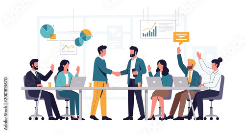 Business team members applaud and wave as two colleagues shake hands in a conference room after a successful presentation of data and statistics.
