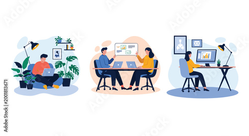 Collection of people working remotely in different home office setups using laptops and computers amidst indoor plants and comfortable furniture.