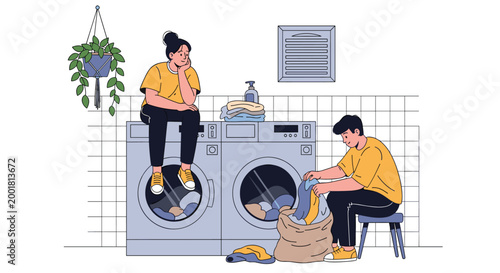 Young couple manages their daily chores by washing and sorting clothes at home with modern front-loading washing machines and laundry supplies.