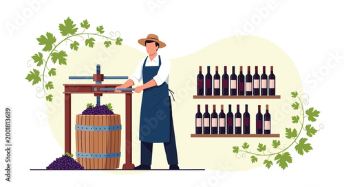 Skilled winemaker uses a traditional press to extract juice from purple grapes in a cellar stocked with numerous bottles of wine on wooden shelves.