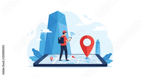 Delivery worker stands on a giant tablet showing a city map with location pins, navigating his route among modern skyscrapers.