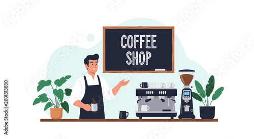 Friendly barista in an apron stands behind a counter in a modern coffee shop, gesturing towards a blackboard menu and coffee machine.