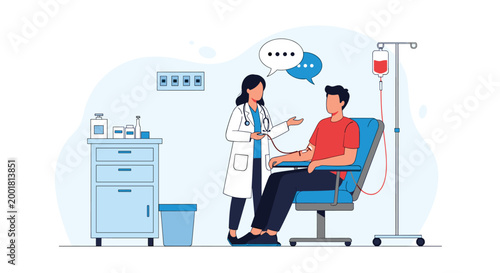 Medical professional monitors a male patient sitting in a blue chair while administering a blood transfusion or treatment in a clinic.