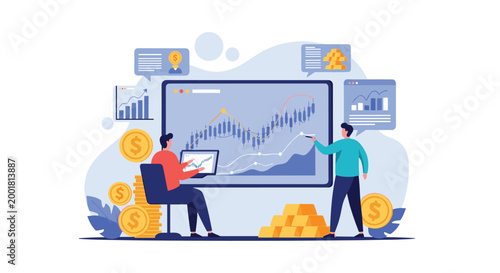 Financial analysts use a large monitor to track stock market trends and candlestick charts surrounded by coins and gold bars in a room.