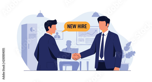 Two successful businessmen shake hands in a modern office environment to welcome a new hire to the corporate team.