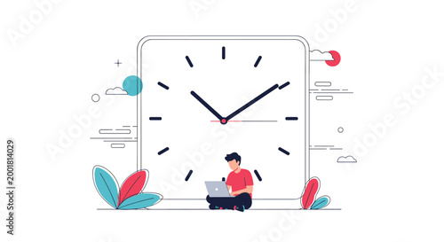 Focused young man sits on the floor while working on his laptop in front of a giant square clock showing current time.