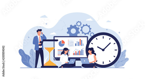 Professional team works together around a giant clock and hourglass to manage deadlines and track project progress effectively.