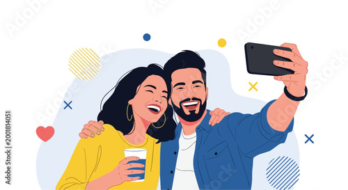 Cheerful young couple takes a fun selfie together with a smartphone while smiling and enjoying a romantic moment indoors.