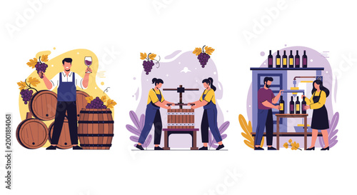 Collection of winemaking illustrations featuring grape harvesting, pressing fruit in a wooden barrel, and bottling wine in a cellar.