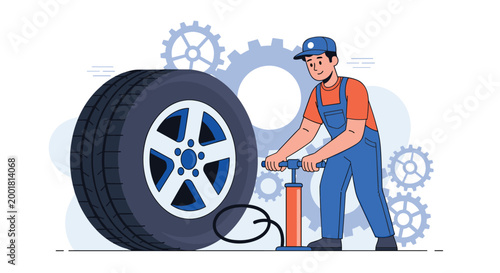 Helpful mechanic wearing blue overalls pumps air into a large black car tire using a manual hand pump in a workshop.