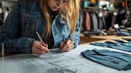 Woman in plaid shirt sketching technical designs on paper with pencils denim fabric visible