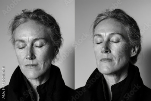 A striking black and white portrait featuring a mature woman with closed eyes, embodying tranquility and introspection, inviting the viewer to reflect on inner peace and calmness.