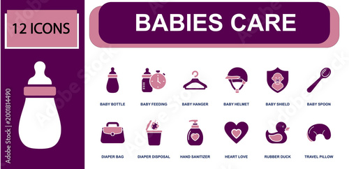 Babies care icon set. Containing baby bottle, baby feeding, baby hanger, baby helmet, diaper bag, hand sanitizer, rubber duck, travel pillow, baby spoon and more. Solid fill vector icons.