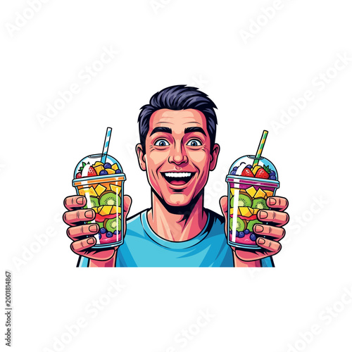 Man holding colorful drinks with straws and fruit