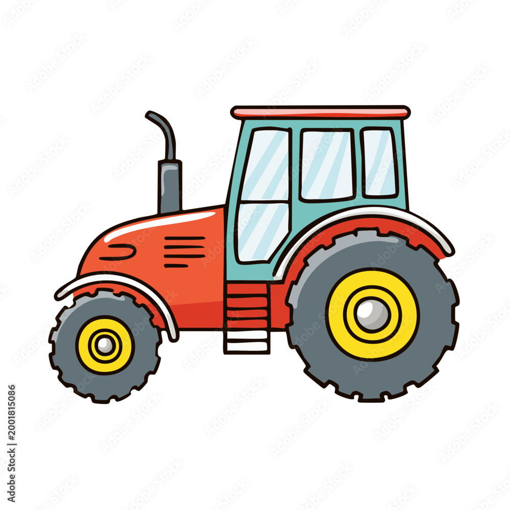 Obraz premium A vibrant cartoon tractor with large wheels and a glass cab driving across a field