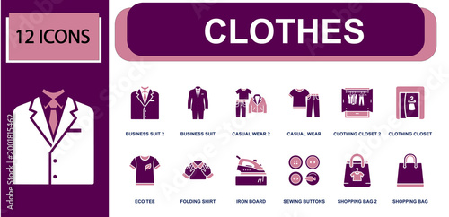 Clothes icon set. Containing business suit, casual wear, clothing closet, eco tee, folding shirt, iron board, sewing buttons, shopping bag, apparel store and more. Solid fill vector icons.