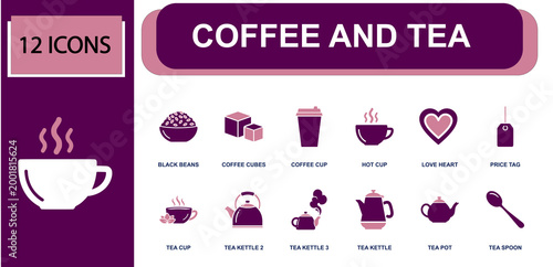 Coffee and tea beverage icon set. Containing coffee beans bowl, takeaway cup, hot mug, tea cup, tea kettle, teapot, tea spoon, heart symbol, price tag and more. Solid fill vector icons.