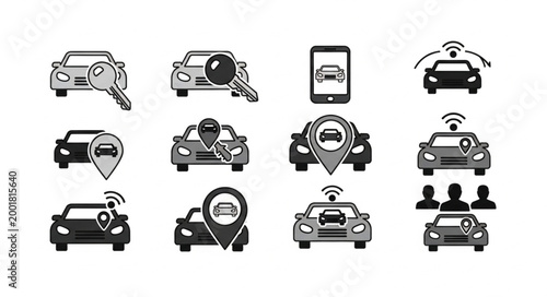 Car Icons Representing Technology and Transportation Services.