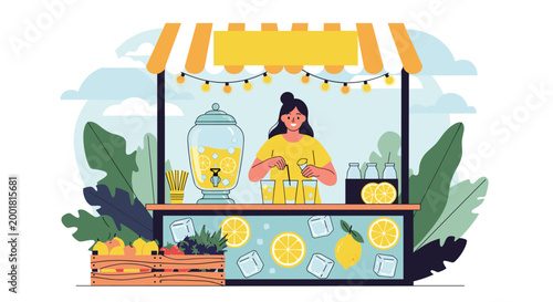 Smiling woman serving fresh cold lemonade drink at outdoor fruit juice stall decorated with lemon patterns and lights.