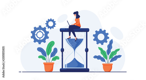 Focused young woman works efficiently on her laptop while sitting on top of a large hourglass symbolizing productivity and time management skills.