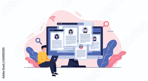 Human resources professional reviews multiple digital resumes and candidate profiles on a large computer screen to find the best job applicant.