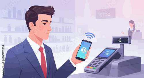 A stylish businessman uses his smartphone for a quick and secure contactless payment at a modern retail store, showcasing convenient digital transactions.