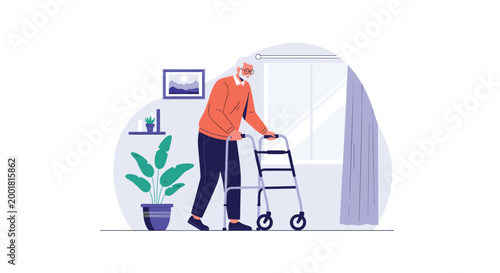 Senior man wearing glasses and a warm sweater uses a metal walker to move safely around his home near a bright window and indoor plants.