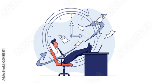 Relaxed businessman leans back at his office desk while papers fly around him in front of a giant clock face indicating a break or time passing.
