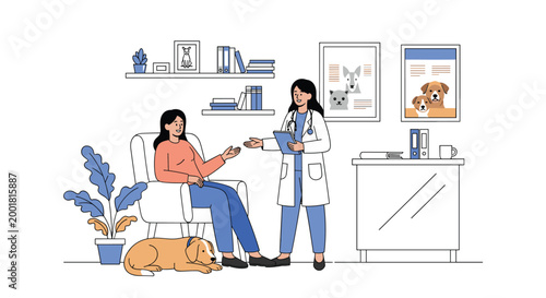 Professional veterinarian in a lab coat discusses pet health with a female owner while a calm dog lies on the floor in a modern vet clinic.