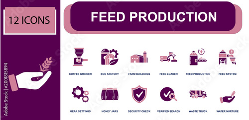 Feed production icon set. Containing feed loader, eco factory, farm silo, grain mixer, feed truck, barn, storage tank, process gear, eco water care and more. Solid fill vector icons.