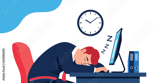 Exhausted businessman in a suit falls asleep on his office desk next to his computer monitor and folders after a long and tiring work day.