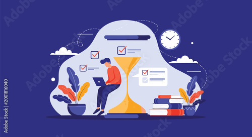 Motivated student or freelancer works on a laptop next to a large hourglass while managing a checklist and reading books in a quiet area.