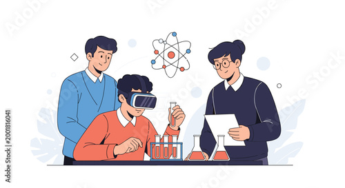 Students engage in an interactive science experiment using a virtual reality headset and chemistry lab equipment with a teacher supervising them.