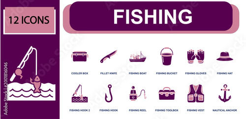 Fishing icon set. Containing cooler box, fillet knife, fishing boat, fishing bucket, fishing gloves, fishing hat, fishing hook, fishing reel, fishing vest and more. Solid fill vector icons.