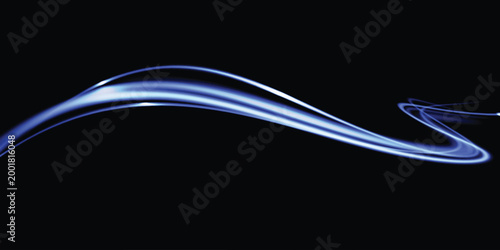 Blue curved light line. Confetti sparkles in a wave. Sparkling magical dust particles. Blue stars shine with special light. Magical shining blue dust