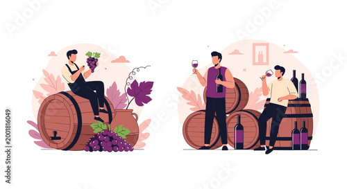 Group of men enjoys a wine tasting experience at a vineyard with wooden barrels, fresh grape clusters, and bottles of vintage wine to sample.