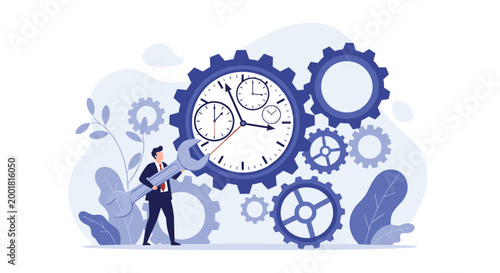Businessman uses a large wrench to adjust a giant clock mechanism surrounded by multiple gears and plants to show time management and repair.