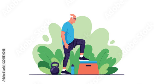Active senior man performs a step-up exercise on a platform in a park surrounded by green bushes with a kettlebell and water bottle nearby.