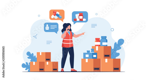 Warehouse worker wearing a safety vest manages pharmaceutical supplies and medical boxes while talking on her mobile phone about an order.