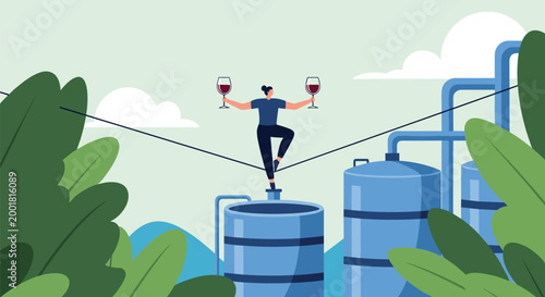 Balanced woman walking on tightrope above large industrial wine fermentation tanks while holding two glasses of red wine.