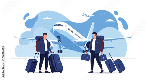 Male travelers with backpacks and rolling suitcases walking in front of large commercial airplane on airport runway background.