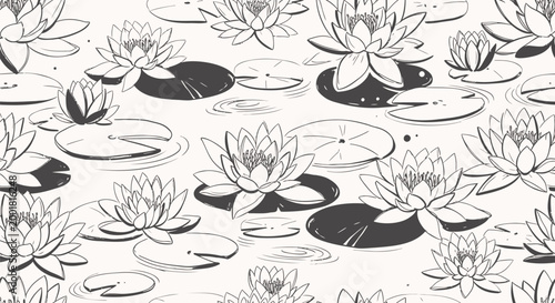 Black and white lotus flowers, water lilies, pond seamless pattern, vector illustration, floral design