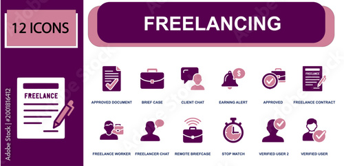 Freelancing icon set. Containing contract, briefcase, client chat, payment alert, verified user, remote work, stopwatch, approved file, freelancer and more. Solid fill vector icons.