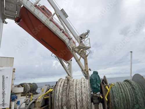 Canvas Print ship free fall life boar and aft mooring winches with ropes