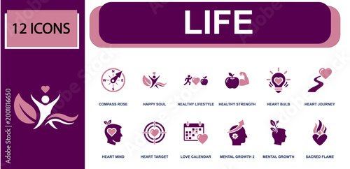 Wellness icon set containing compass, happy soul, healthy lifestyle, healthy strength, heart bulb, heart journey, heart mind, heart target, love calendar and more solid fill vector icons.