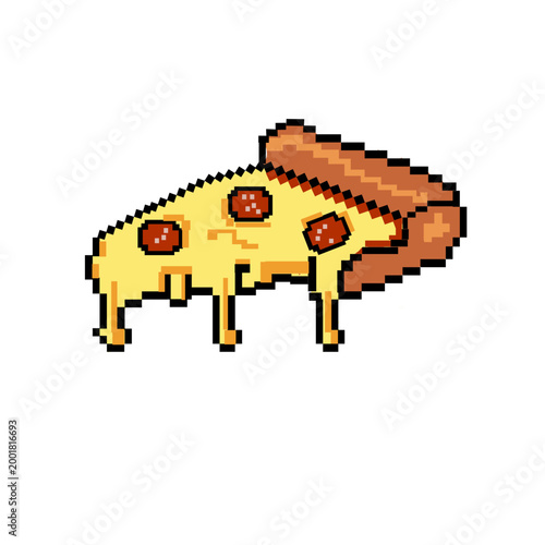 Delicious pixel art slice of salami pizza with melting cheese and toppings,  in a retro 8-bit video game vector graphic design	