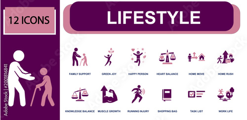 Lifestyle icon set. Containing family support, green joy, happy person, heart balance, home move, home rush, knowledge balance, muscle growth, task list and more. Solid fill vector icons.